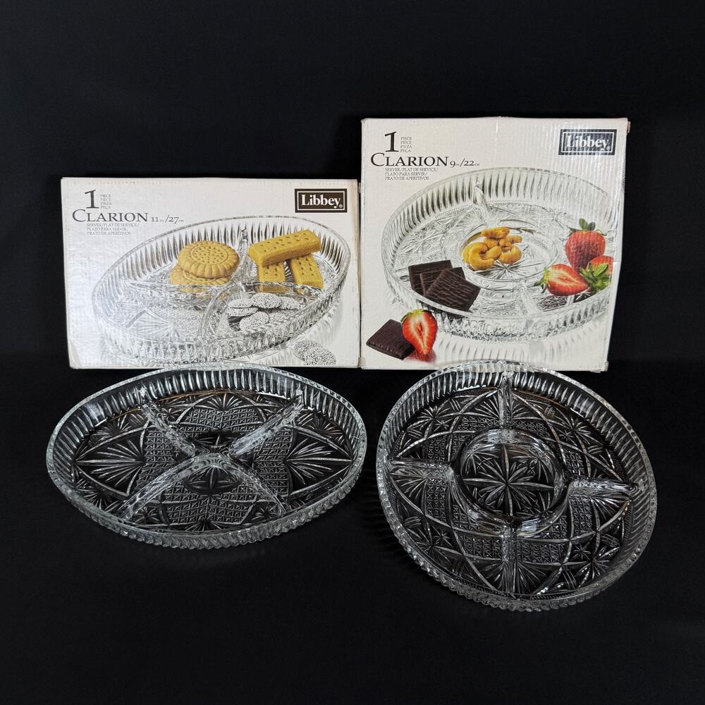 Lot of 2 Libbey Clarion Crystal Glass Serving Platters with Boxes 9 and 11 Inch